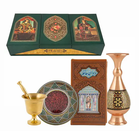 ست میراث ایرانی (هاون برنجی، جعبه زعفران خاتم‌کاری، دیوان حافظ و گلدان)